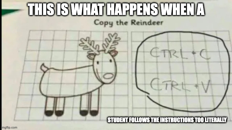 Computer Instruction on an Assignment | THIS IS WHAT HAPPENS WHEN A; STUDENT FOLLOWS THE INSTRUCTIONS TOO LITERALLY | image tagged in school,memes | made w/ Imgflip meme maker