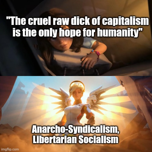 Anarcho-Syndicalism, Libertarian Socialism "The cruel raw dick of capitalism is the only hope for humanity" | image tagged in overwatch mercy meme | made w/ Imgflip meme maker