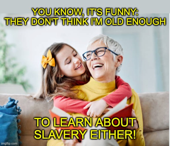 Grandmother and granddaughter | YOU KNOW, IT'S FUNNY: THEY DON'T THINK I'M OLD ENOUGH TO LEARN ABOUT SLAVERY EITHER! | image tagged in grandmother and granddaughter | made w/ Imgflip meme maker