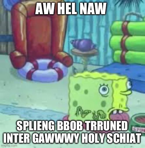 gawwwwy | AW HEL NAW; SPLIENG BBOB TRRUNED INTER GAWWWY HOLY SCHIAT | made w/ Imgflip meme maker