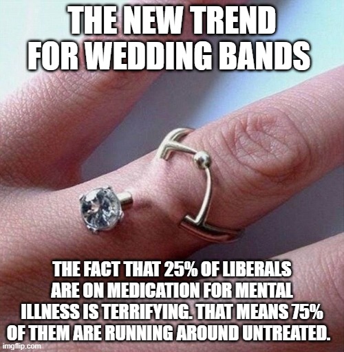 New Wedding Band for Libtards. | THE NEW TREND FOR WEDDING BANDS; THE FACT THAT 25% OF LIBERALS ARE ON MEDICATION FOR MENTAL ILLNESS IS TERRIFYING. THAT MEANS 75% OF THEM ARE RUNNING AROUND UNTREATED. | image tagged in new wedding band for libtards | made w/ Imgflip meme maker