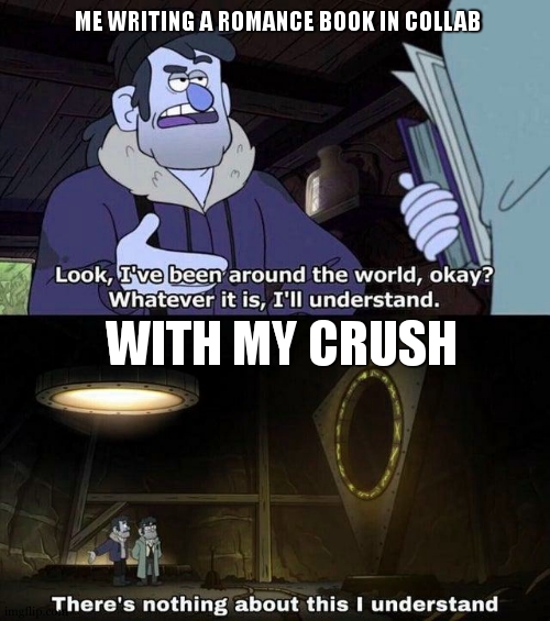 IS THAT A MFING COINCIDENCE !? OR NO !? LIFE !!! WHAT MORE DO YOU WANT FROM ME OMG ! | ME WRITING A ROMANCE BOOK IN COLLAB; WITH MY CRUSH | image tagged in gravity falls understanding | made w/ Imgflip meme maker