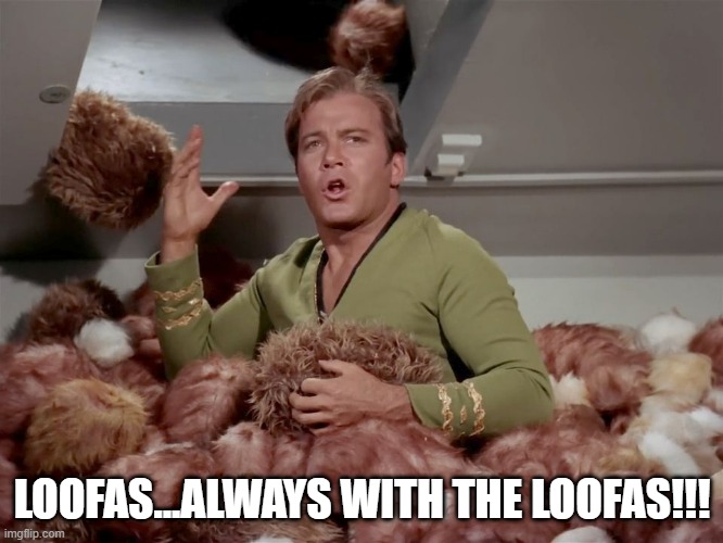 Wash Up Kirk | LOOFAS...ALWAYS WITH THE LOOFAS!!! | image tagged in star trek kirk tribbles | made w/ Imgflip meme maker