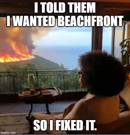 Things That Make You Go Hmm. | I TOLD THEM I WANTED BEACHFRONT; SO I FIXED IT. | image tagged in things that make you go hmm | made w/ Imgflip meme maker