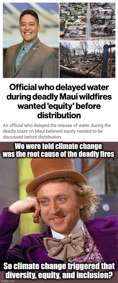 Climate change IS bad if it causes DEI! | We were told climate change was the root cause of the deadly fires; So climate change triggered that
diversity, equity, and inclusion? | image tagged in memes,creepy condescending wonka,maui,fire,diversity,democrats | made w/ Imgflip meme maker