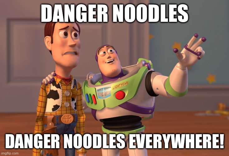 N o o d l e | DANGER NOODLES; DANGER NOODLES EVERYWHERE! | image tagged in memes,x x everywhere,danger noodle,snake,random | made w/ Imgflip meme maker