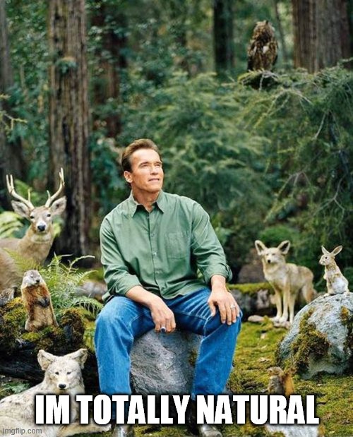 Arnold nature | IM TOTALLY NATURAL | image tagged in arnold nature | made w/ Imgflip meme maker