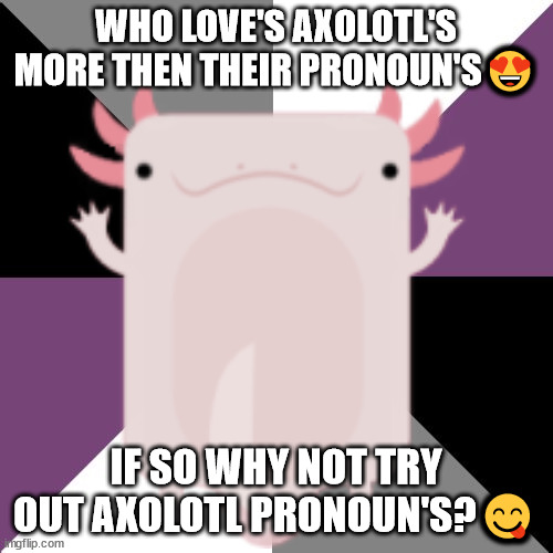 kawaii axolotl | WHO LOVE'S AXOLOTL'S MORE THEN THEIR PRONOUN'S😍; IF SO WHY NOT TRY OUT AXOLOTL PRONOUN'S?😋 | image tagged in queer lifestyle | made w/ Imgflip meme maker