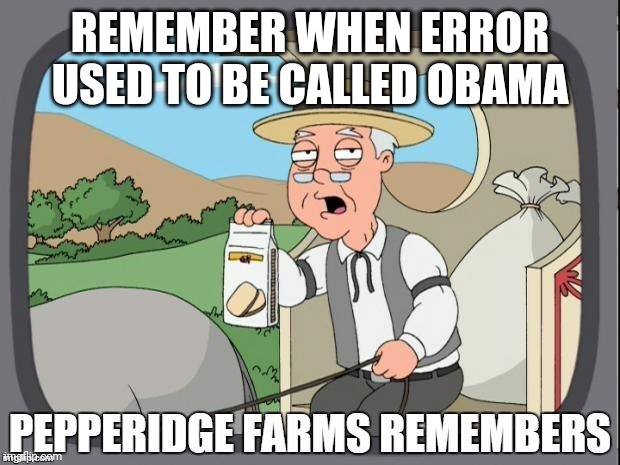 PEPPERIDGE FARMS REMEMBERS | REMEMBER WHEN ERROR USED TO BE CALLED OBAMA | image tagged in pepperidge farms remembers | made w/ Imgflip meme maker
