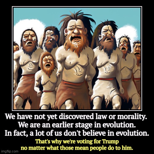 Postcard from the Pleistocene | We have not yet discovered law or morality. 
We are an earlier stage in evolution. In fact, a lot of us don't believe in evolution. | That's | image tagged in funny,demotivationals,law,morality,evolution,trump | made w/ Imgflip demotivational maker