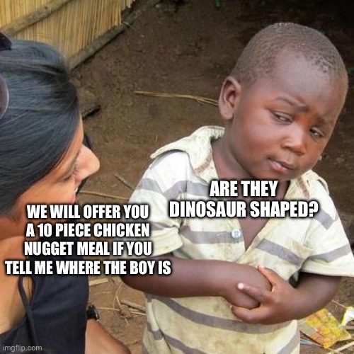 Are they Dinosaur shaped? | ARE THEY DINOSAUR SHAPED? WE WILL OFFER YOU A 10 PIECE CHICKEN NUGGET MEAL IF YOU TELL ME WHERE THE BOY IS | image tagged in memes,third world skeptical kid | made w/ Imgflip meme maker