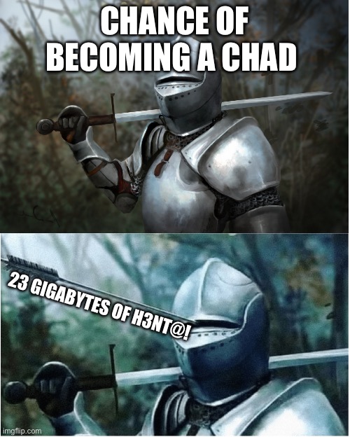 WHICH STREAM SHOULD THIS BELONG TO?! | CHANCE OF BECOMING A CHAD; 23 GIGABYTES OF H3NT@! | image tagged in knight with arrow in helmet | made w/ Imgflip meme maker