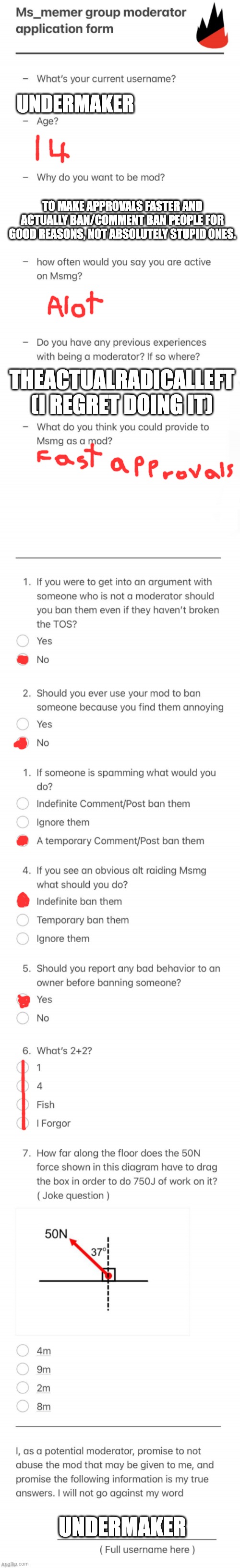 mod form | UNDERMAKER; TO MAKE APPROVALS FASTER AND ACTUALLY BAN/COMMENT BAN PEOPLE FOR GOOD REASONS, NOT ABSOLUTELY STUPID ONES. THEACTUALRADICALLEFT (I REGRET DOING IT); UNDERMAKER | image tagged in updated msmg mod form | made w/ Imgflip meme maker