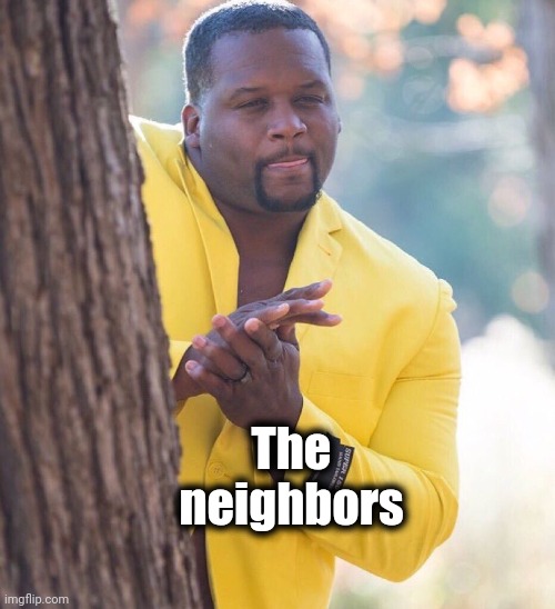 Black guy hiding behind tree | The
neighbors | image tagged in black guy hiding behind tree | made w/ Imgflip meme maker
