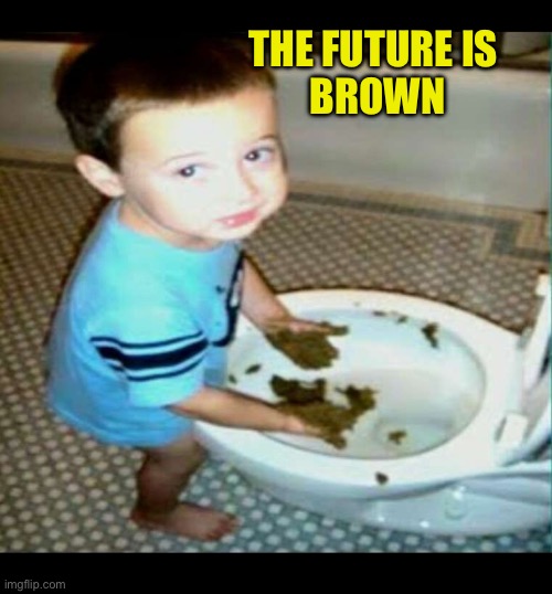 Kid With Hands In Poop | THE FUTURE IS 
BROWN | image tagged in kid with hands in poop | made w/ Imgflip meme maker