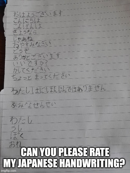 I've been seriously studying for 2 months | CAN YOU PLEASE RATE MY JAPANESE HANDWRITING? | image tagged in hiragana,japanese | made w/ Imgflip meme maker
