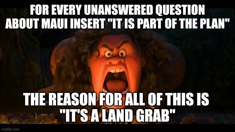 disney maui molesto | FOR EVERY UNANSWERED QUESTION ABOUT MAUI INSERT "IT IS PART OF THE PLAN"; THE REASON FOR ALL OF THIS IS 
"IT'S A LAND GRAB" | image tagged in disney maui molesto | made w/ Imgflip meme maker