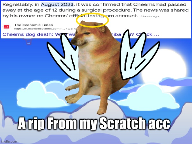 Rip cheems u will be missed | A rip From my Scratch acc | image tagged in rip cheems help spread the word,cheems,rip,heaven,spread the word,memes | made w/ Imgflip meme maker