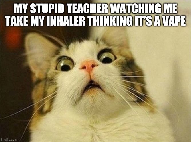 Stupid Teacher Meme | MY STUPID TEACHER WATCHING ME TAKE MY INHALER THINKING IT’S A VAPE | image tagged in suprised cat | made w/ Imgflip meme maker