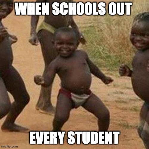 Third World Success Kid Meme | WHEN SCHOOLS OUT; EVERY STUDENT | image tagged in memes,third world success kid | made w/ Imgflip meme maker