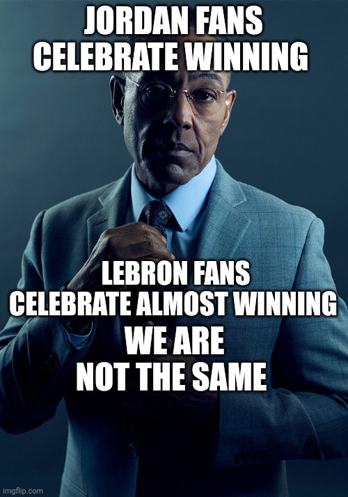 Jordan/LeBron fans comparison | JORDAN FANS CELEBRATE WINNING; LEBRON FANS CELEBRATE ALMOST WINNING; WE ARE NOT THE SAME | image tagged in gus fring we are not the same | made w/ Imgflip meme maker
