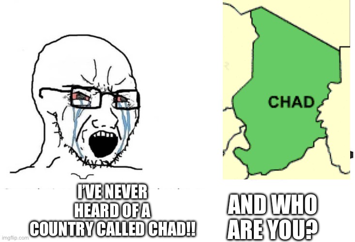 Soyboy Vs Yes Chad | I’VE NEVER HEARD OF A COUNTRY CALLED CHAD!! AND WHO ARE YOU? | image tagged in soyboy vs yes chad | made w/ Imgflip meme maker