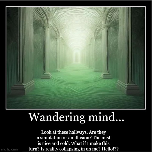 Demotivational poster | Wandering mind... Look at these hallways. Are they a simulation or an illusion? The mist is nice and cold. What if I make this turn? Is reality collapsing in on me? Hello!?? | image tagged in demotivational poster | made w/ Imgflip meme maker