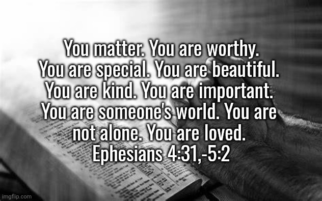 You Matter ♡ † | You matter. You are worthy.
You are special. You are beautiful. 
You are kind. You are important. 
You are someone's world. You are 
not alone. You are loved. 
Ephesians 4:31,-5:2 | image tagged in christianity,depression,worthy | made w/ Imgflip meme maker