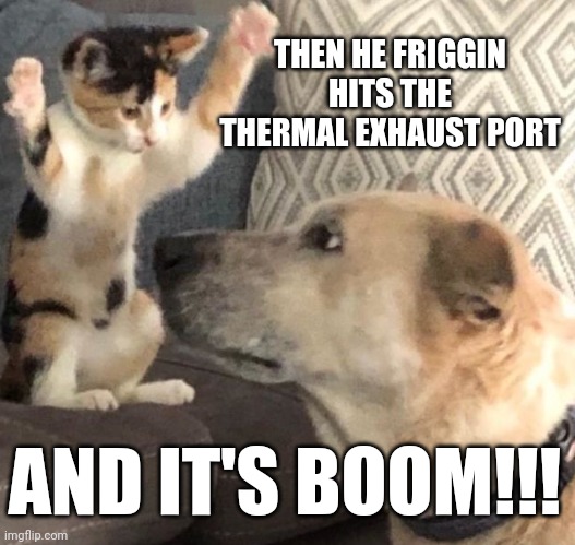 Kitty explains da ster wers to doggo | THEN HE FRIGGIN HITS THE THERMAL EXHAUST PORT; AND IT'S BOOM!!! | image tagged in intimidating kitty | made w/ Imgflip meme maker