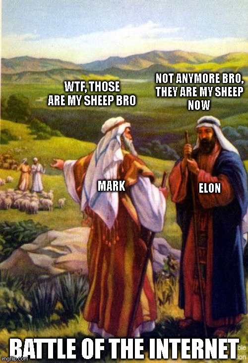 battle of the interwebs | NOT ANYMORE BRO,
THEY ARE MY SHEEP
NOW; WTF, THOSE ARE MY SHEEP BRO; ELON; MARK; BATTLE OF THE INTERNET | image tagged in internet,battle,meme,control,mind control,social media | made w/ Imgflip meme maker