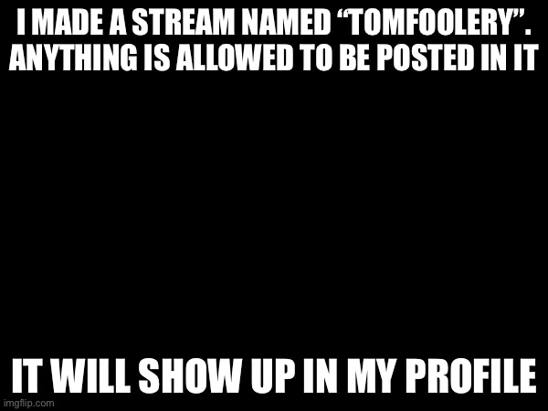 Do what you want honestly | I MADE A STREAM NAMED “TOMFOOLERY”. ANYTHING IS ALLOWED TO BE POSTED IN IT; IT WILL SHOW UP IN MY PROFILE | image tagged in tomfoolery,memes | made w/ Imgflip meme maker