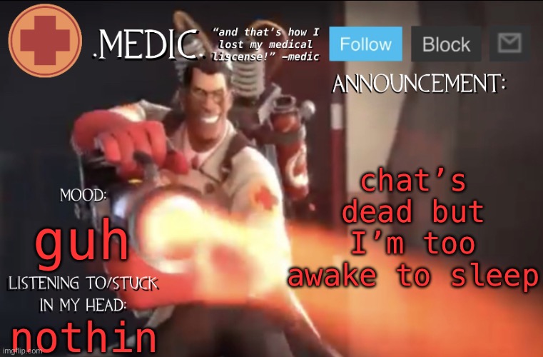 .Medic. Announcement Template | chat’s dead but I’m too awake to sleep; guh; nothin | image tagged in medic announcement template | made w/ Imgflip meme maker