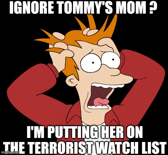 Futurama Fry Screaming | IGNORE TOMMY'S MOM ? I'M PUTTING HER ON THE TERRORIST WATCH LIST | image tagged in futurama fry screaming | made w/ Imgflip meme maker