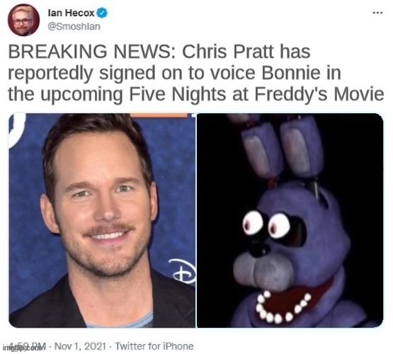 this is real | BREAKING NEWS: Chris Pratt has reportedly signed on to voice Bonnie in the upcoming Five Nights at Freddy's Movie | image tagged in fnaf | made w/ Imgflip meme maker