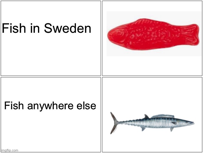 Fr tho (People in Sweden: please don’t Be offended) | Fish in Sweden; Fish anywhere else | image tagged in memes,blank comic panel 2x2 | made w/ Imgflip meme maker