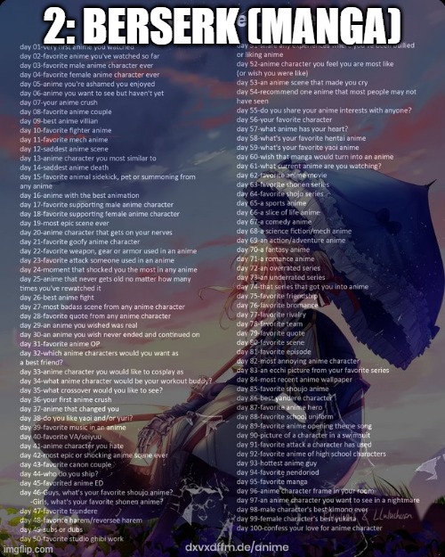 100 day anime challenge | 2: BERSERK (MANGA) | image tagged in 100 day anime challenge,memes,berserk | made w/ Imgflip meme maker