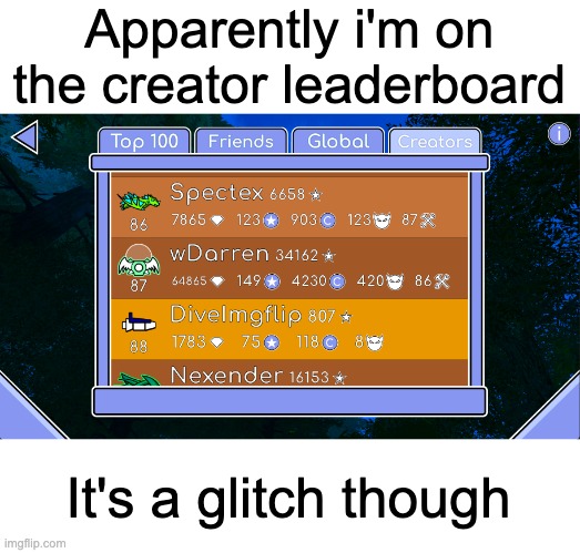 omni texture pack is nice doe | Apparently i'm on the creator leaderboard; It's a glitch though | image tagged in geometry dash,dive | made w/ Imgflip meme maker
