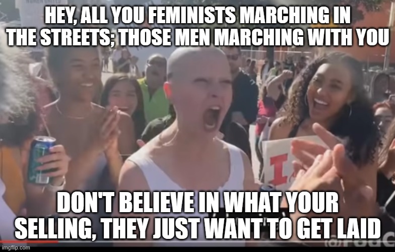 Cringeworthy | HEY, ALL YOU FEMINISTS MARCHING IN THE STREETS; THOSE MEN MARCHING WITH YOU; DON'T BELIEVE IN WHAT YOUR SELLING, THEY JUST WANT TO GET LAID | image tagged in cringeworthy | made w/ Imgflip meme maker