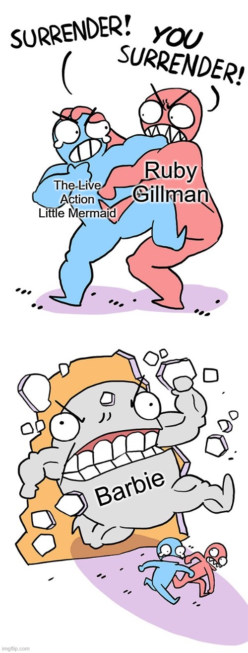 Summer 2023 in a nutshell: | Ruby Gillman; The Live Action Little Mermaid; Barbie | image tagged in two guys fighting,the little mermaid,ruby gillman,barbie,movies | made w/ Imgflip meme maker