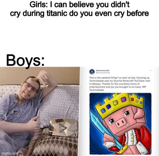 A Legend Never Dies | Girls: I can believe you didn't cry during titanic do you even cry before; Boys: | image tagged in boys vs girls,memes,sad,minecraft,technoblade | made w/ Imgflip meme maker