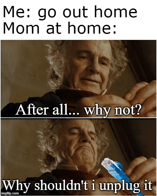 Cable at home | Me: go out home
Mom at home:; After all... why not? Why shouldn't i unplug it | image tagged in bilbo - why shouldn t i keep it | made w/ Imgflip meme maker