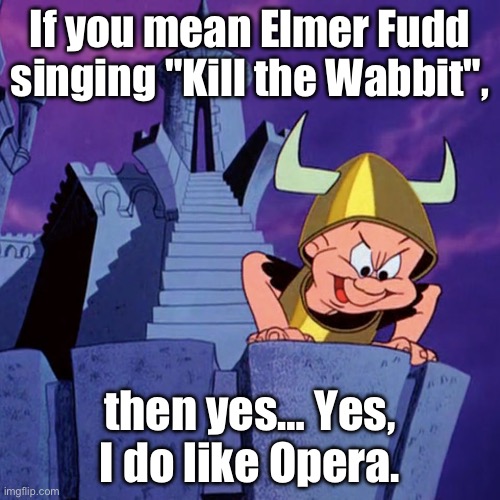 Elmer | If you mean Elmer Fudd singing "Kill the Wabbit", then yes… Yes, I do like Opera. | image tagged in elmer fudd | made w/ Imgflip meme maker