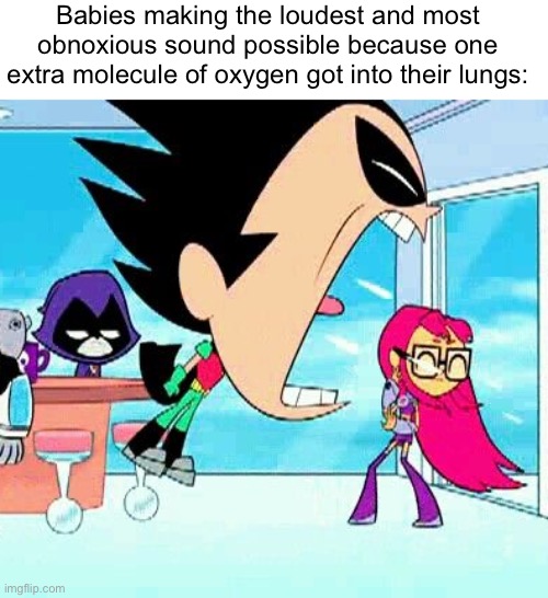 i sure do like getting permanent ear damage when using public transportation | Babies making the loudest and most obnoxious sound possible because one extra molecule of oxygen got into their lungs: | image tagged in robin yelling at starfire,babies,loud,pain,ear damage | made w/ Imgflip meme maker