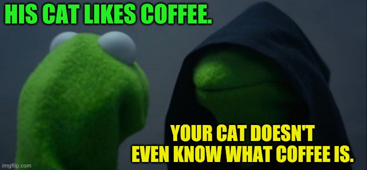 Evil Kermit Meme | HIS CAT LIKES COFFEE. YOUR CAT DOESN'T EVEN KNOW WHAT COFFEE IS. | image tagged in memes,evil kermit | made w/ Imgflip meme maker