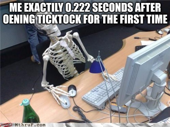cringe | ME EXACTILY 0.222 SECONDS AFTER OENING TICKTOCK FOR THE FIRST TIME | image tagged in skeleton computer | made w/ Imgflip meme maker