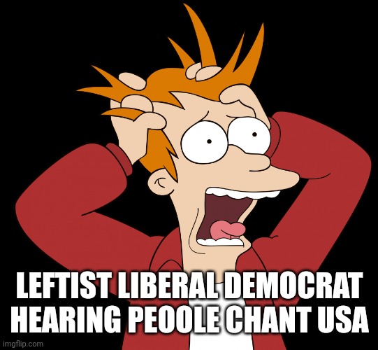 Futurama Fry Screaming | LEFTIST LIBERAL DEMOCRAT
HEARING PEOPLE CHANT USA | image tagged in futurama fry screaming | made w/ Imgflip meme maker