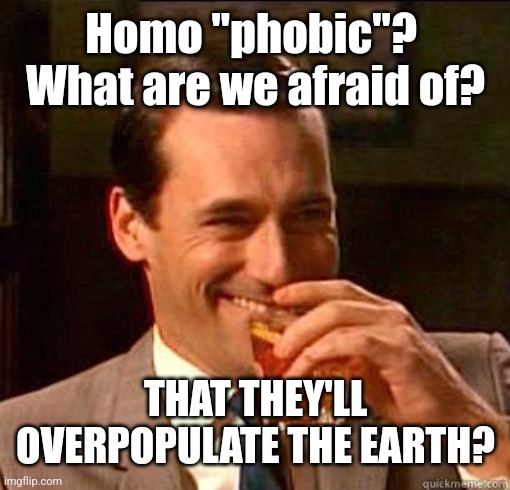 Laughing Don Draper | Homo "phobic"?  What are we afraid of? THAT THEY'LL OVERPOPULATE THE EARTH? | image tagged in laughing don draper | made w/ Imgflip meme maker