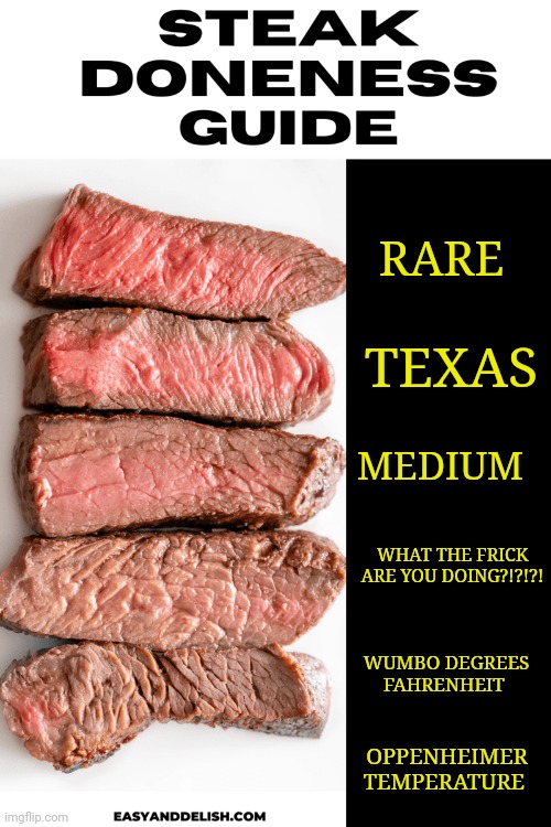 The definitive steak guide | RARE; TEXAS; MEDIUM; WHAT THE FRICK ARE YOU DOING?!?!?! WUMBO DEGREES FAHRENHEIT; OPPENHEIMER TEMPERATURE | image tagged in steak doneness guide,steak,steak dinner | made w/ Imgflip meme maker