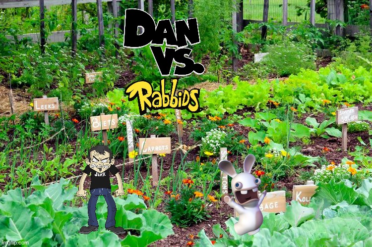 dan vs rabbids (redo) | image tagged in garden,dan vs,rabbids,ubisoft,crossover | made w/ Imgflip meme maker