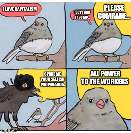All power to the workers | I LOVE CAPITALISM; PLEASE COMRADE... I JUST LOVE IT SO MU... ALL POWER TO THE WORKERS; SPARE ME YOUR SELFISH PROPAGANDA. | image tagged in annoyed bird,communism | made w/ Imgflip meme maker